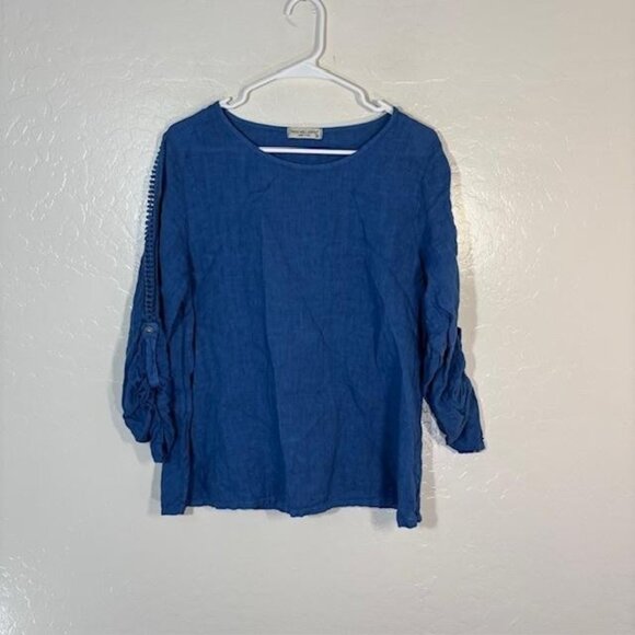 Terzo Millennio Shirt Womens Medium Blue 100% Linen Crochet Ruched Made Italy - Picture 1 of 7